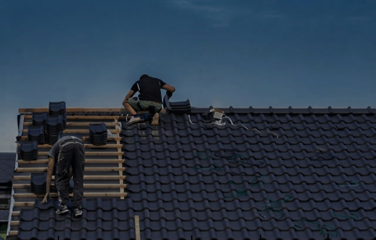 Couvreurs posant des tuiles anthracite sur une toiture en rénovation